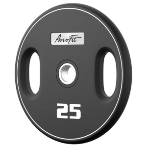 Олимпийский полиуретановый диск AeroFit 25 кг, черный, с 2-мя хватами
